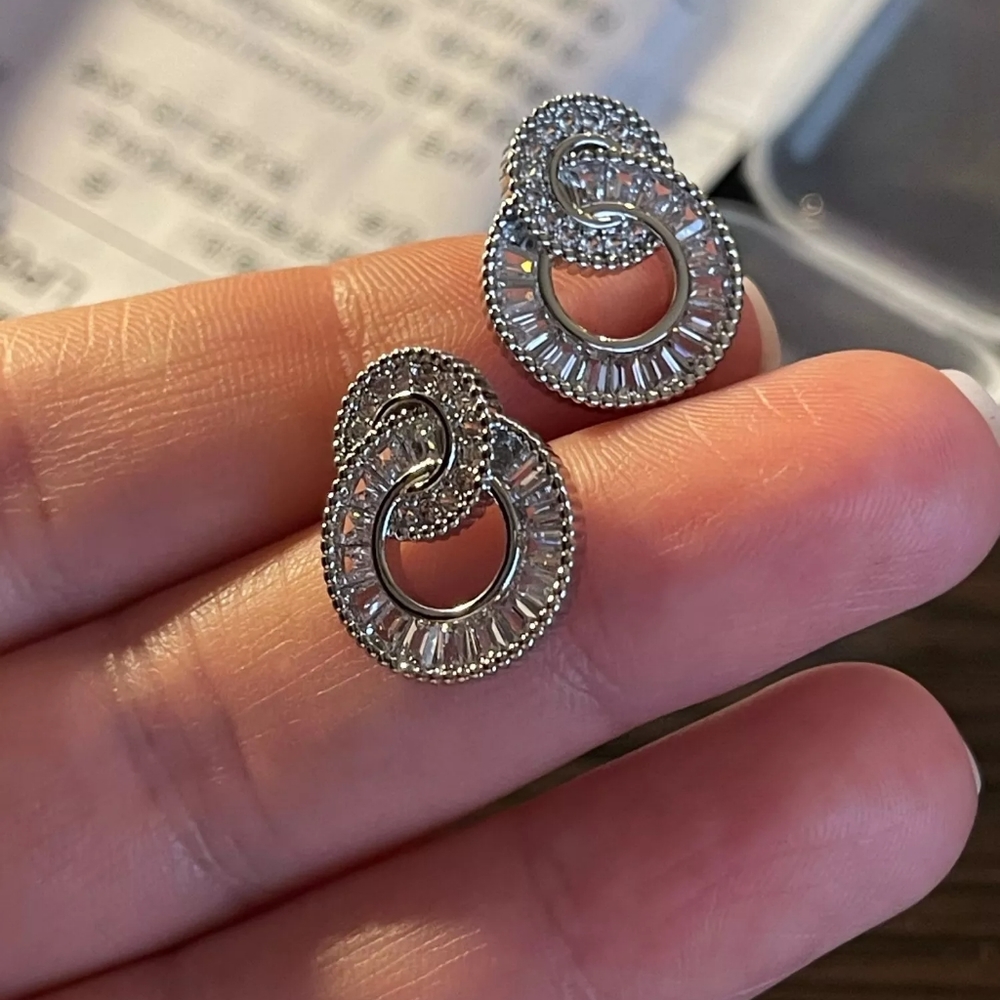 New Silver Boho Double Zircon Earrings - Picture 2 of 3